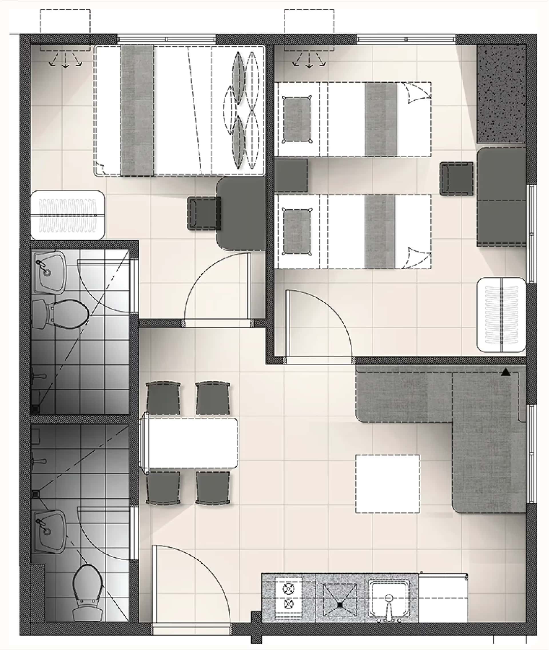 2 Bedroom unit floor plan at The Suites Torre Lorenzo Malate